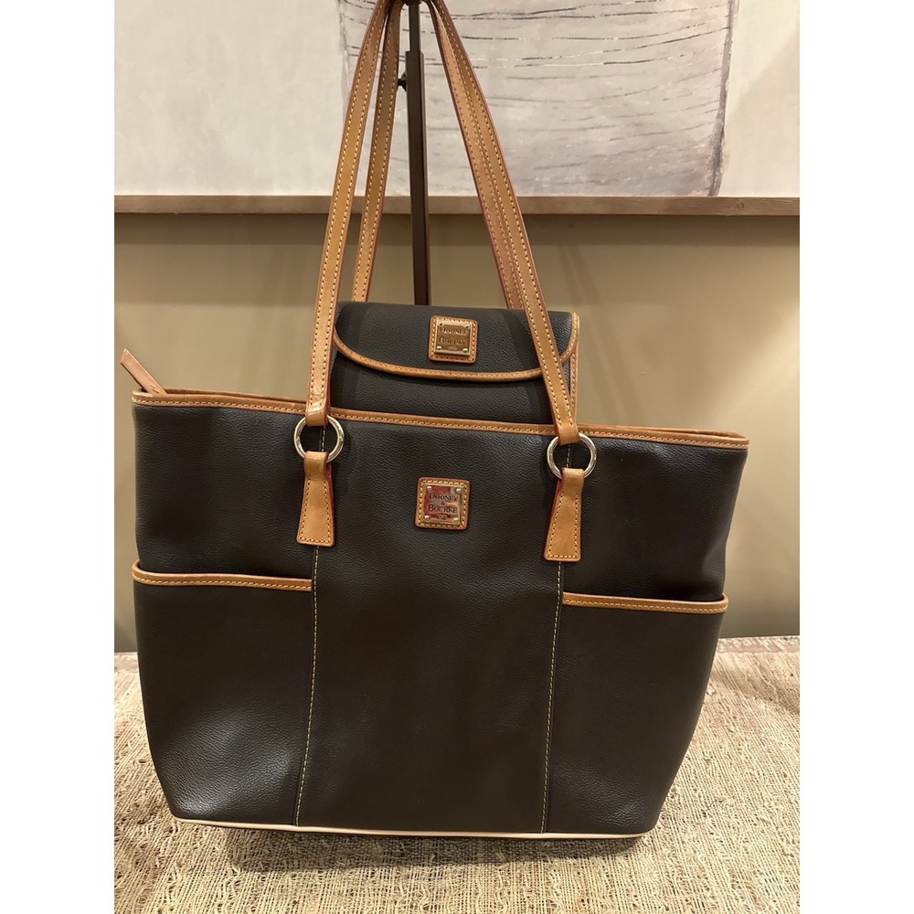Dooney & Bourke Leather Helena Tote Shopper Handbag & Wallet In Smoke & Tan Trim